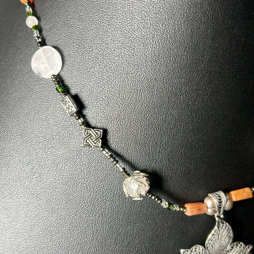 Sterling Silver Floral Pendant Necklace with Green and Orange Beads